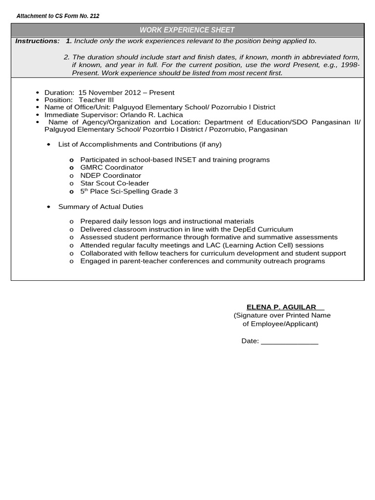 Teacher III Work Experience Sheet | PDF