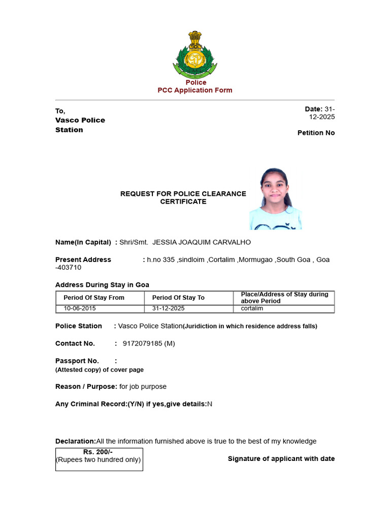 Police Clearance Certificate Application | PDF