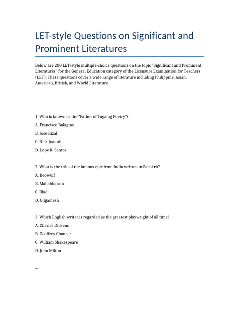 LET-Style Literature Questions Guide | PDF