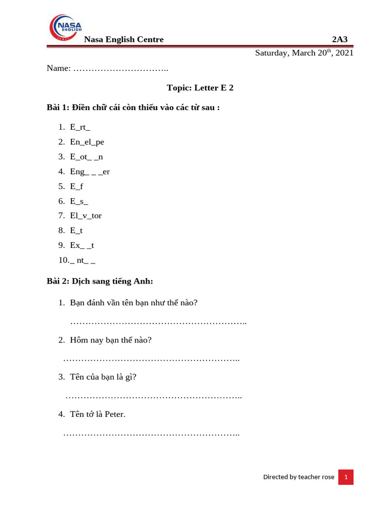 2a3 Letter E2 Homework | PDF