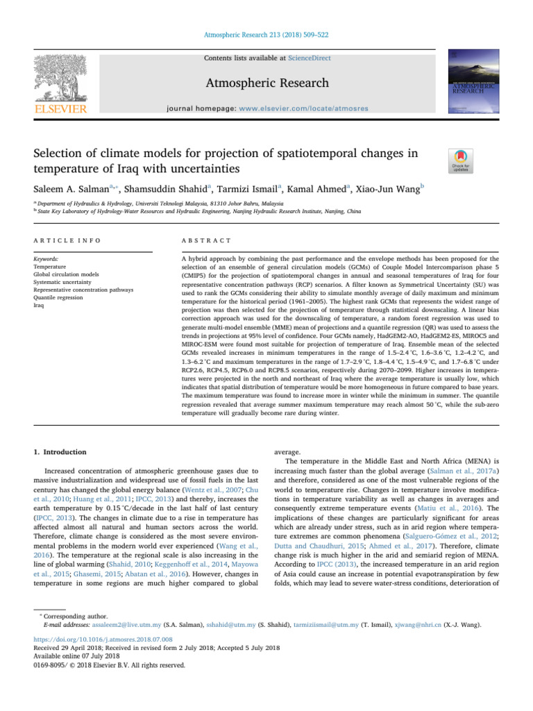 Selection of Climate Models For Projection of Spatiotemporal Changes in ...
