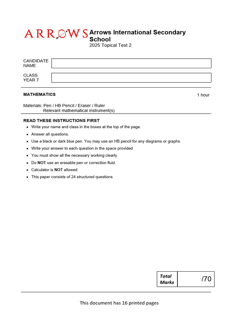 Year 7 Mathematics Test 2025 | PDF | Elementary Mathematics | Euclidean ...