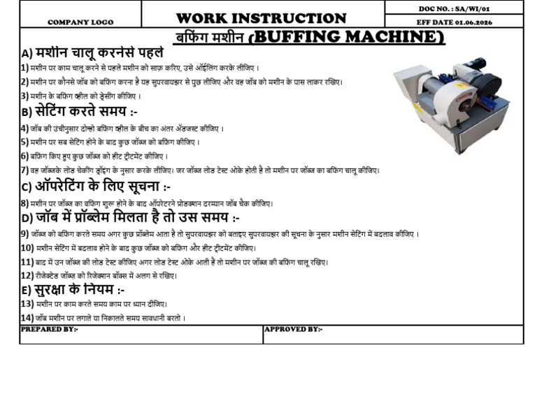 Work Instruction For Buffing Machine | PDF