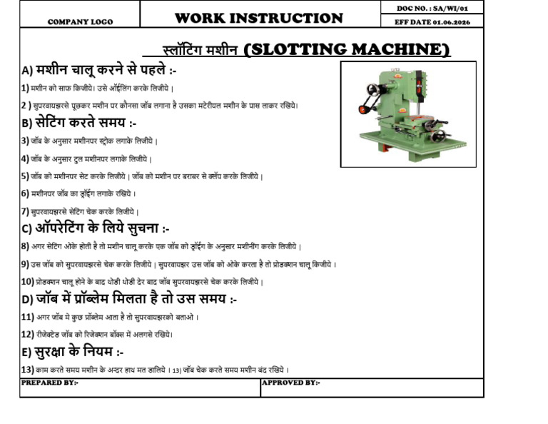 Work Instruction for Sloting Machine | PDF