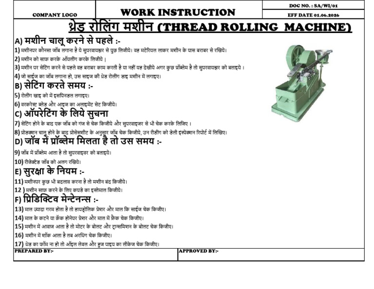Work Instruction For Thread Rolling Machine | PDF
