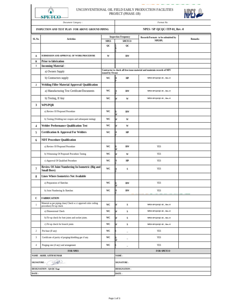 Itp For Ag Piping (Npes SP QCQC Itp 01) | PDF | Welding | Construction