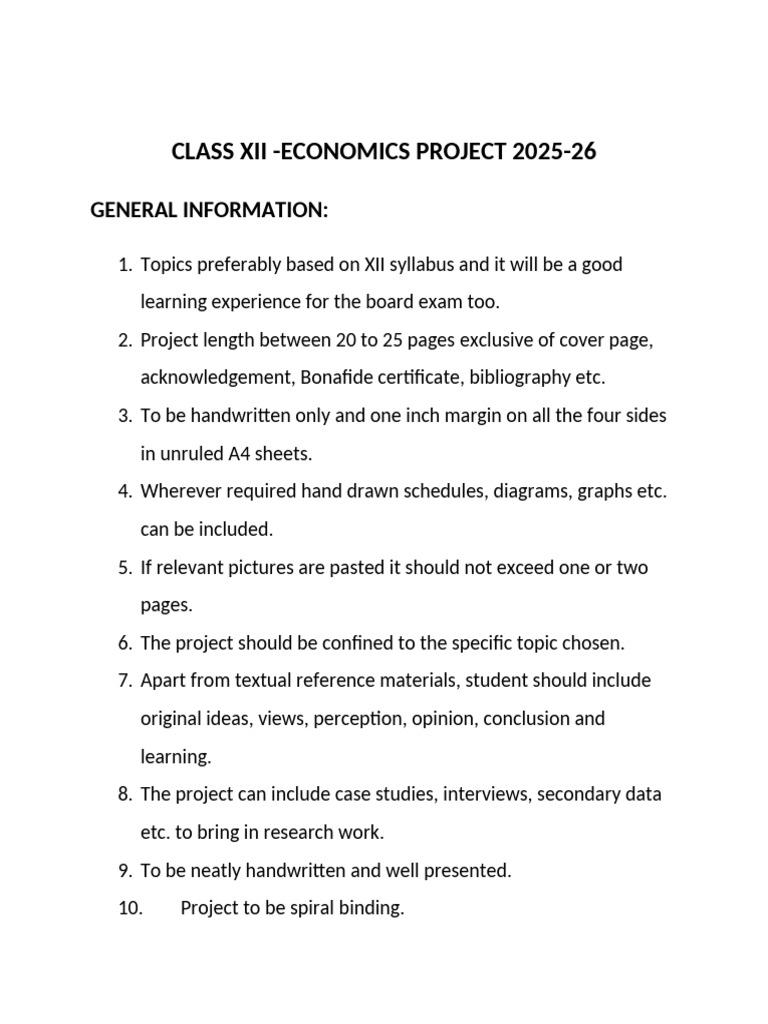 Class 12 Economics Project Guidelines | PDF