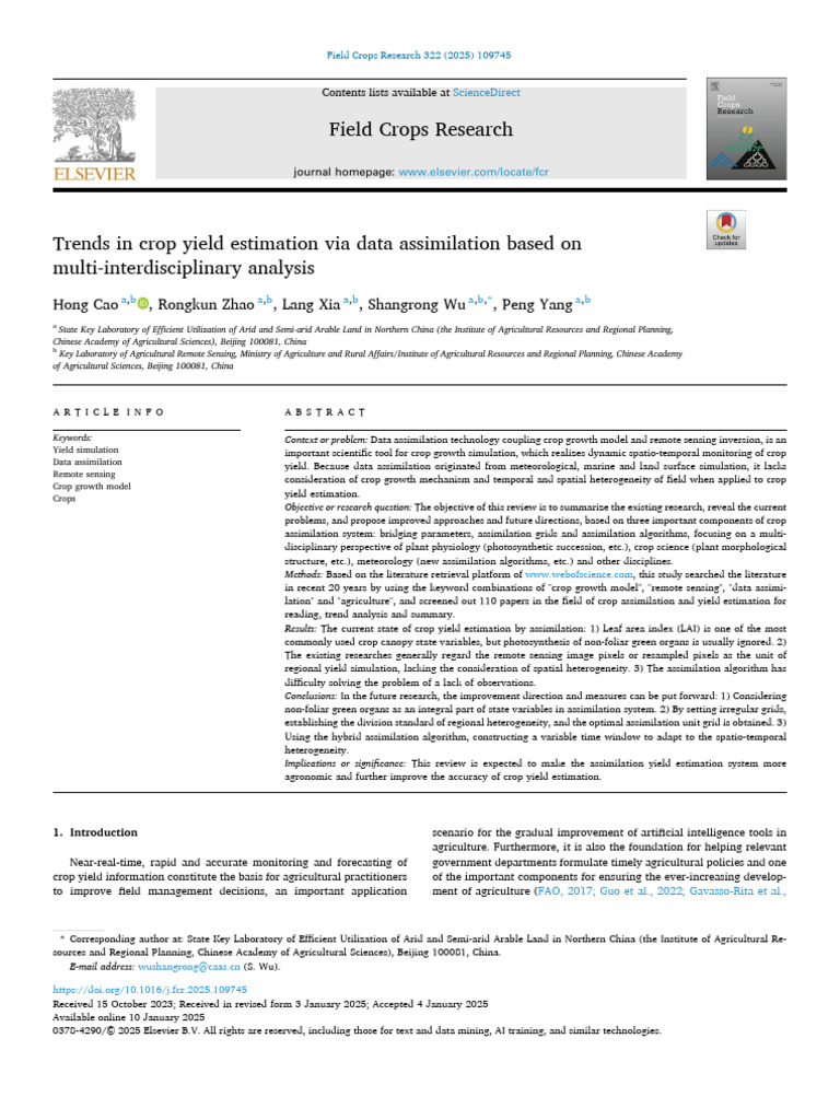 Crop Yield Estimation Trends via Data Assimilation | PDF | Kalman ...