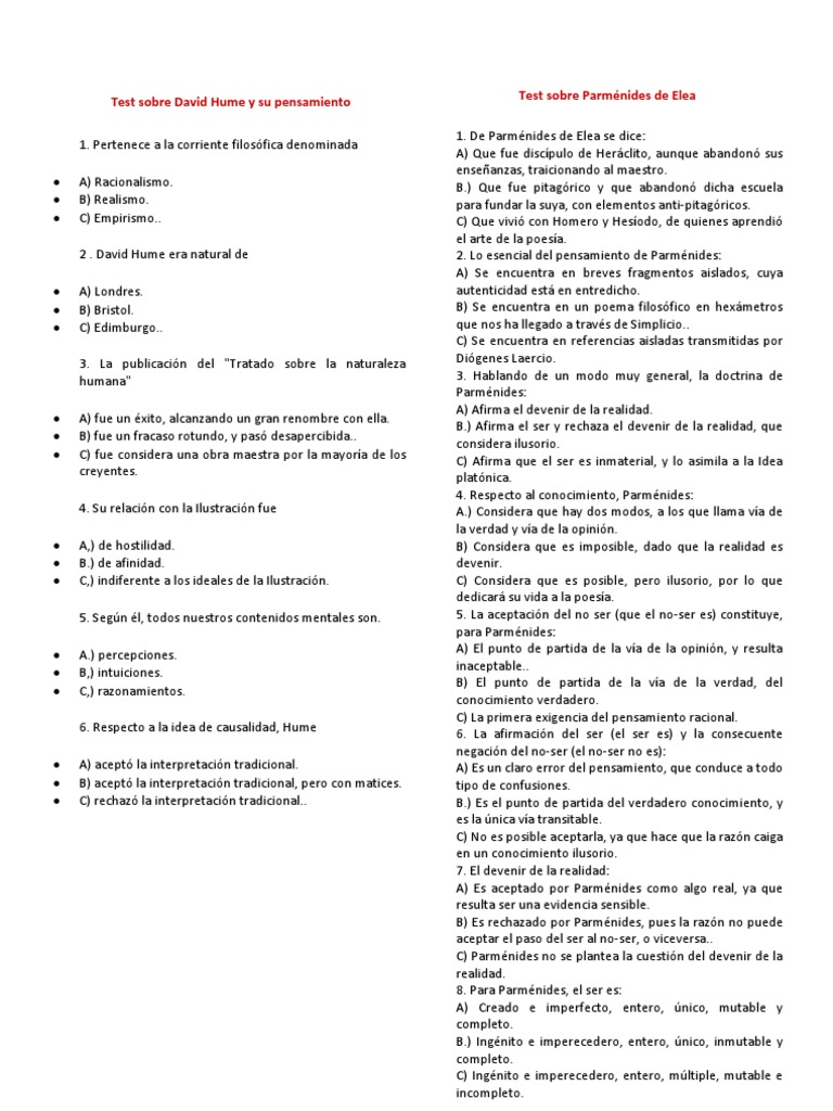 Test sobre el pensamiento de Hume | PDF | David Hume | Verdad