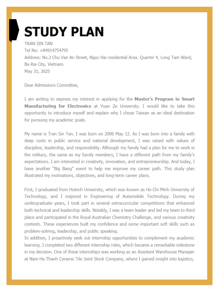 Master’s Study Plan for Smart Manufacturing | PDF | Cognition