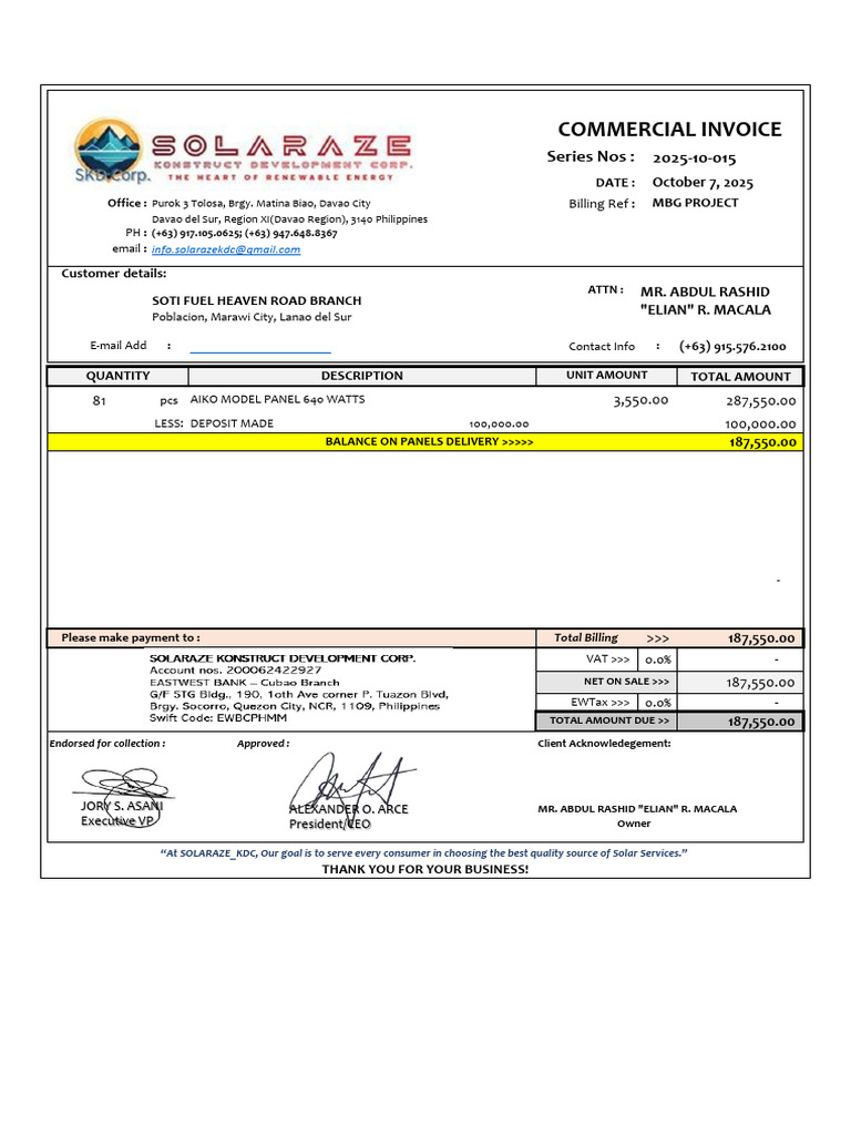 Solarazek KDC Commercial Invoice | PDF