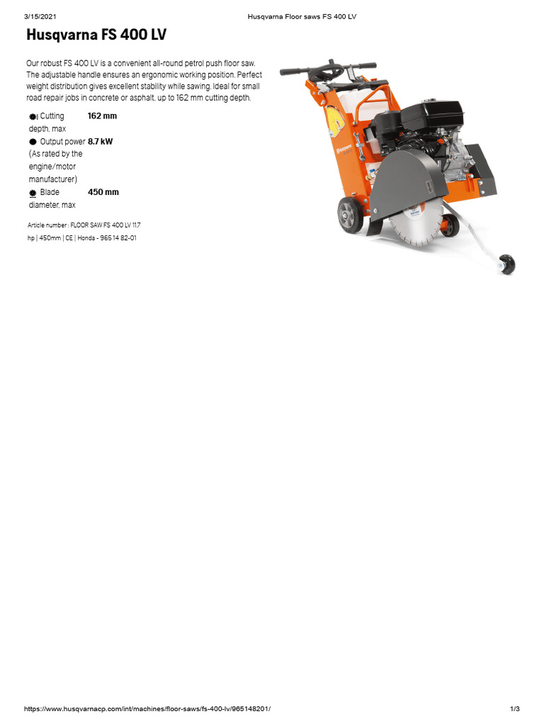 Husqvarna FS 400 LV Floor Saw Specs | PDF | Engines | Vehicle Technology
