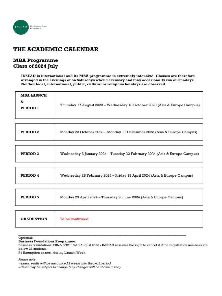 INSEAD MBA Class of 2024 Calendar | PDF | Master Of Business ...