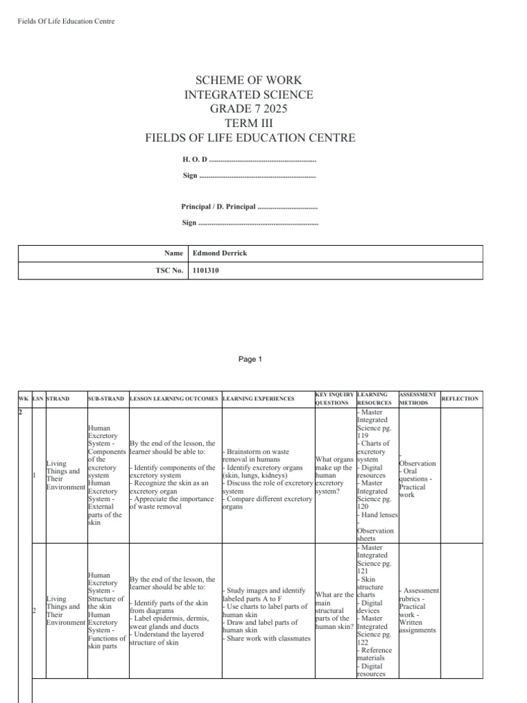 Grade 7 Integrated Science Excretory System | PDF | Educational ...
