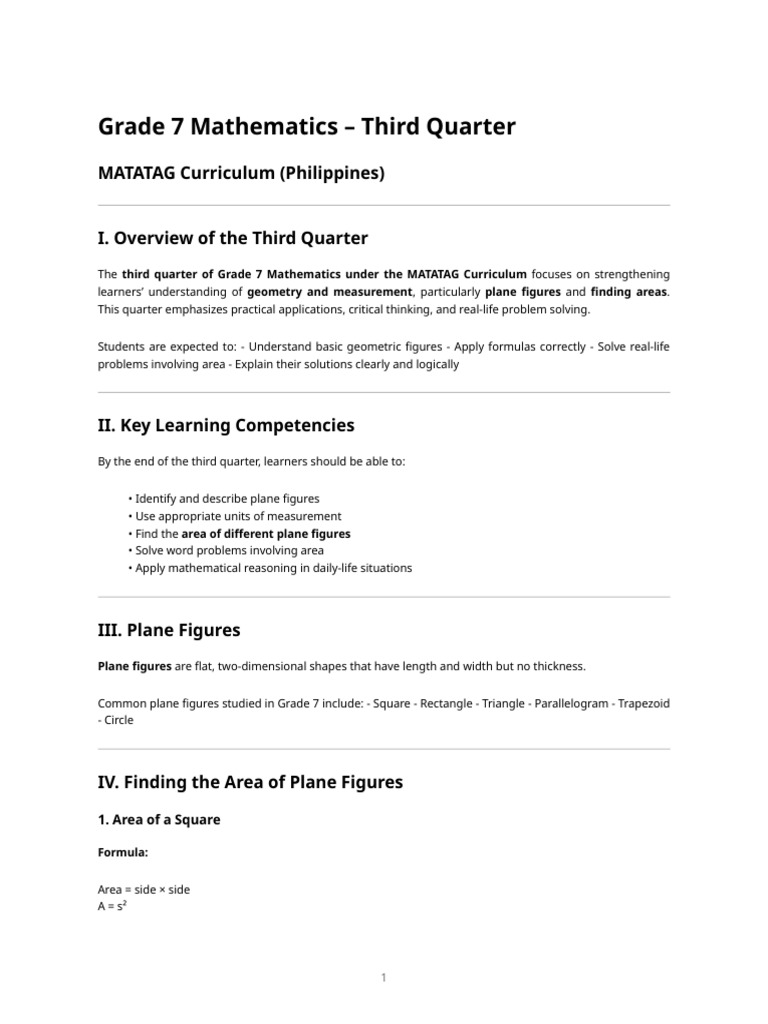 Grade 7 Math: Geometry & Area Guide | PDF | Area | Sampling (Statistics)