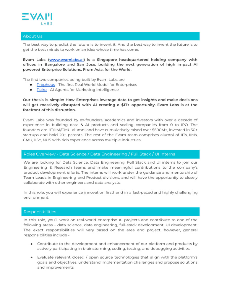 AI Internship Opportunities at Evam Labs | PDF | Artificial ...