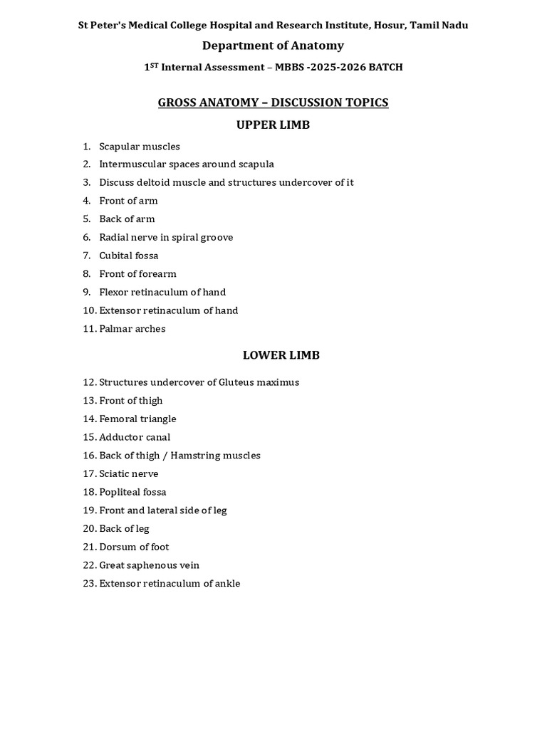 MBBS 1st Internal Assessment Anatomy Topics | PDF | Human Leg | Arm