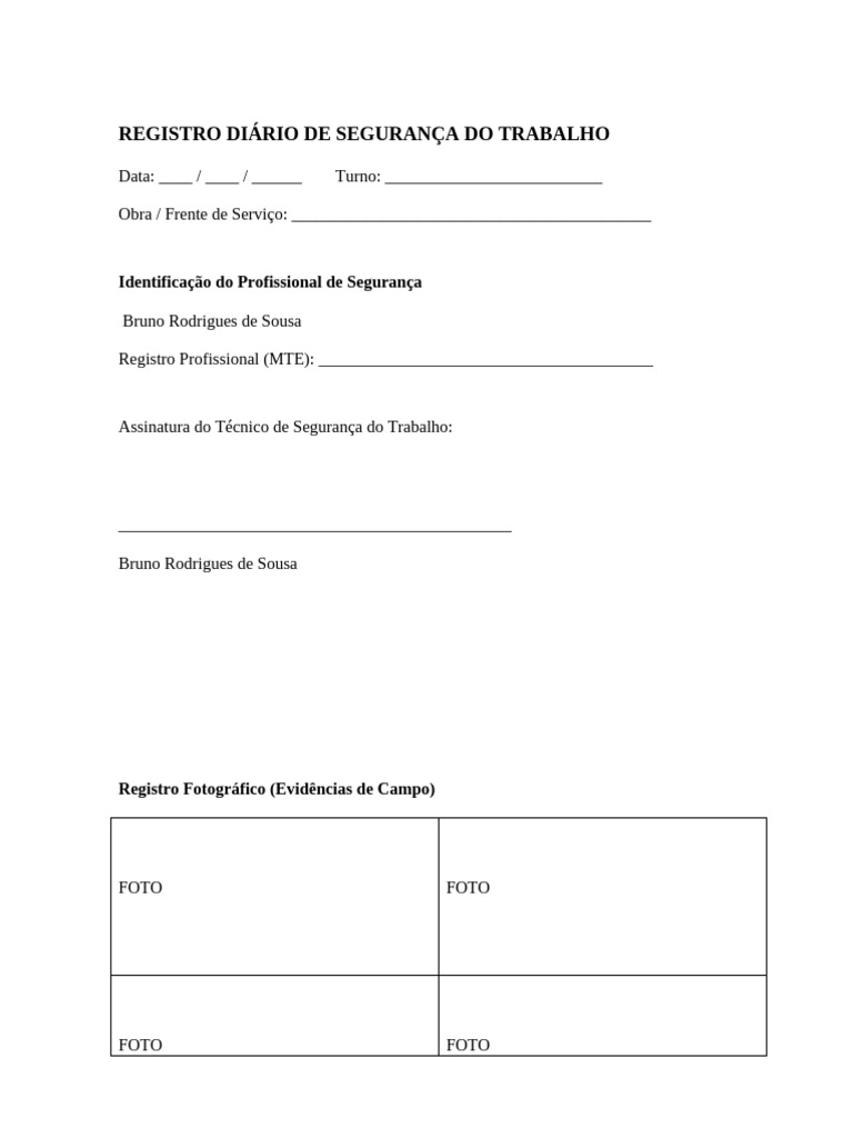 Registro Diário de Segurança do Trabalho | PDF