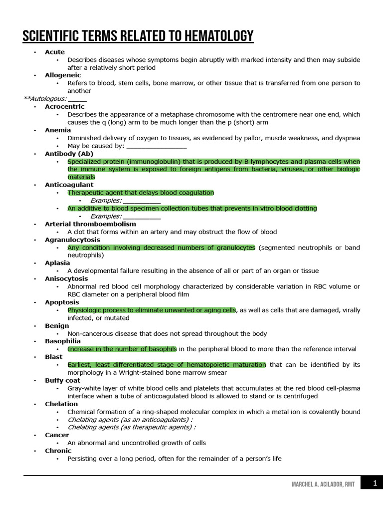 Hematology Terminology Guide | PDF | Blood Cell | Haematopoiesis
