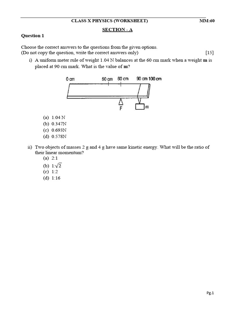 Xth Physics Worksheet 1 | PDF | Light | Physics