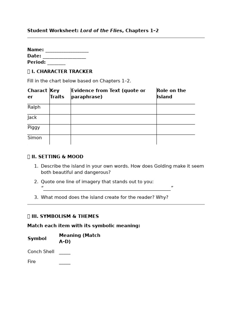Lord of the Flies: Chapters 1-2 Worksheet | PDF