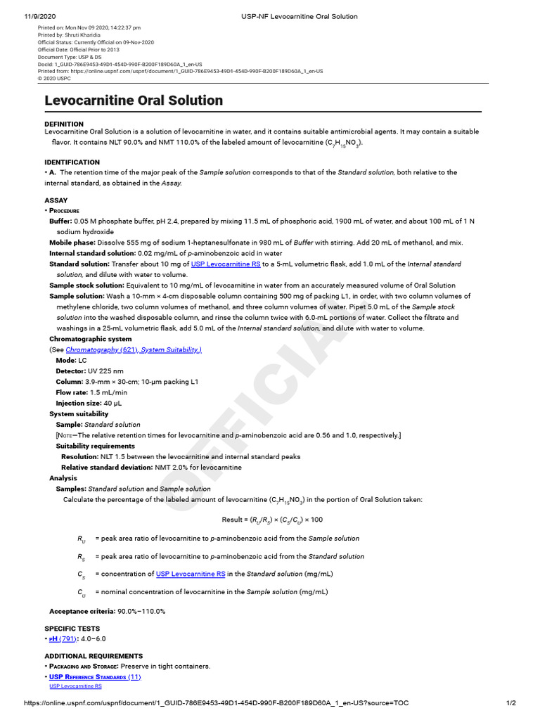l carnitine usp monograph Levocarnitine Oral Solution USP-NF Guide | PDF | Chromatography