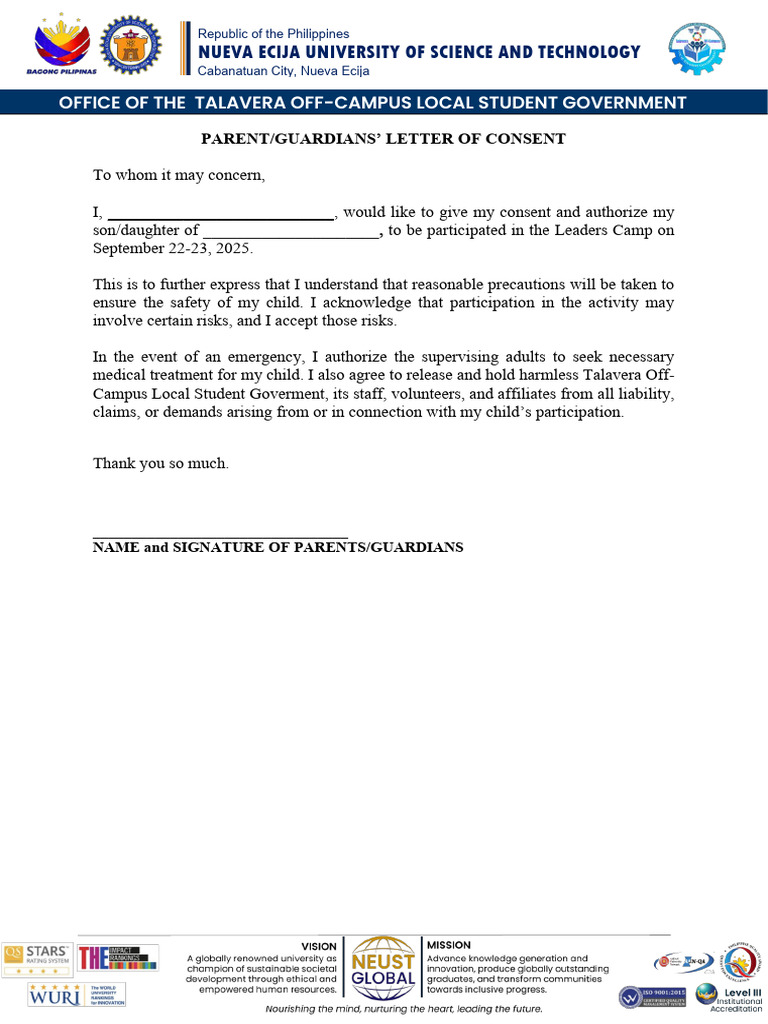 Parent Consent for Leaders Camp 2025 | PDF