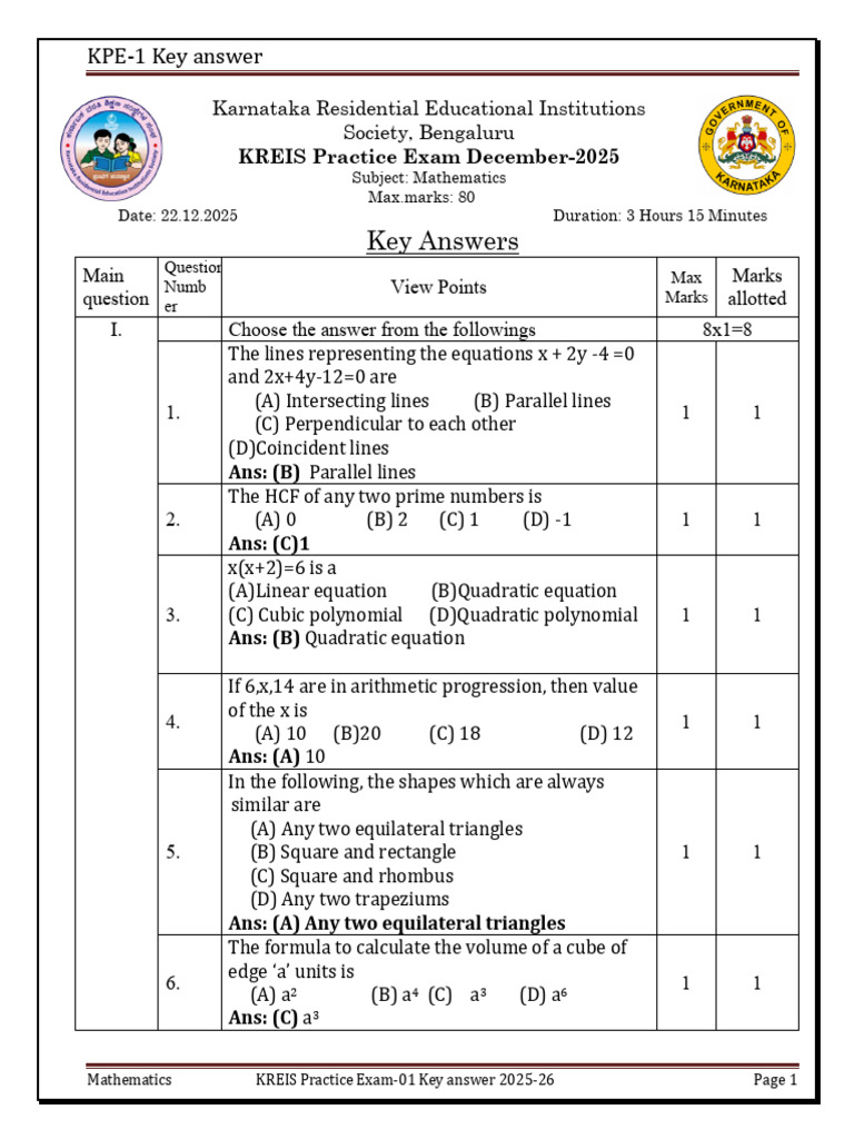 KREIS 2025-26 Mathematics Exam Key Answers | PDF | Sphere | Equations