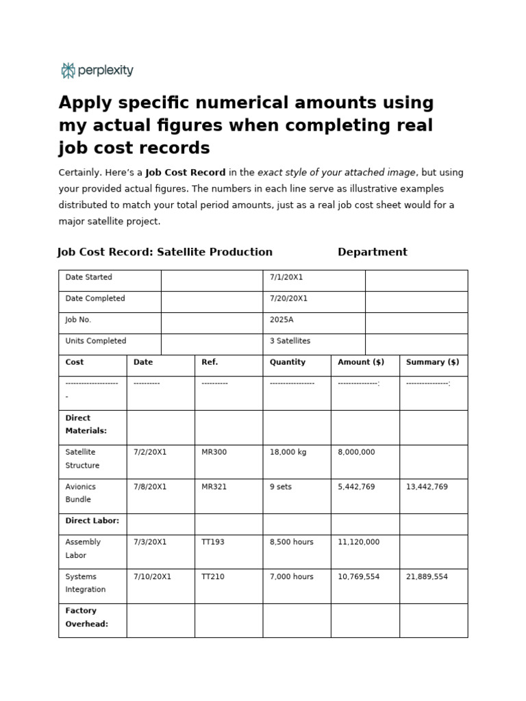 Satellite Job Cost Record Template | PDF | Business | Economies