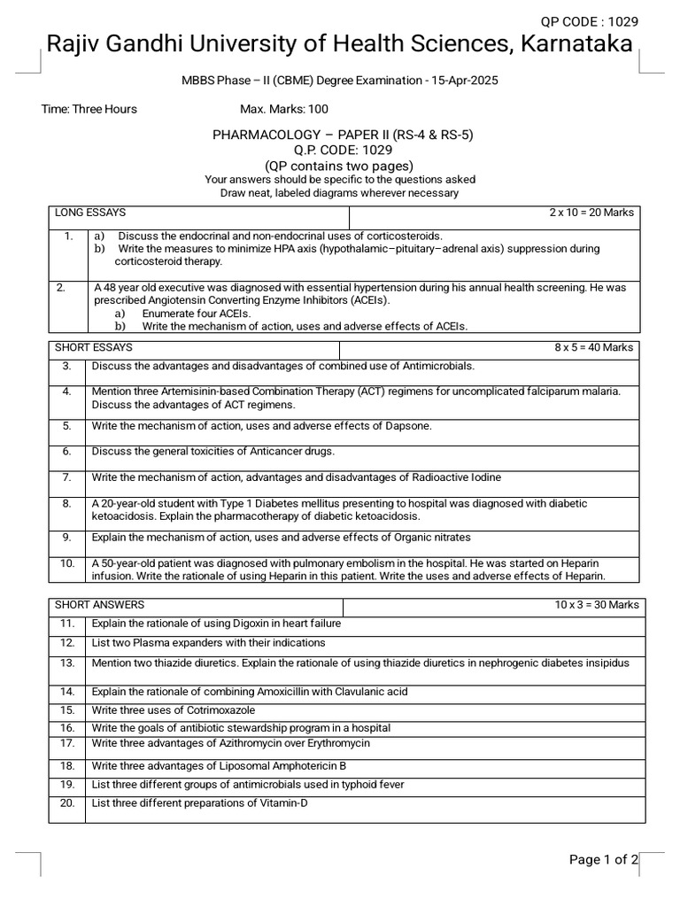 Pharmacology - Paper 2 RGUHS (RS-4) | PDF | Diabetes | Heart Failure