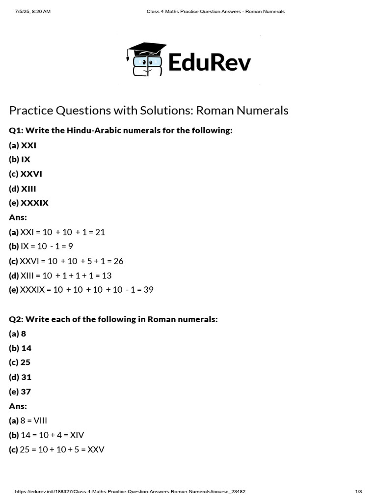 Roman Numerals Practice Questions & Answers | PDF