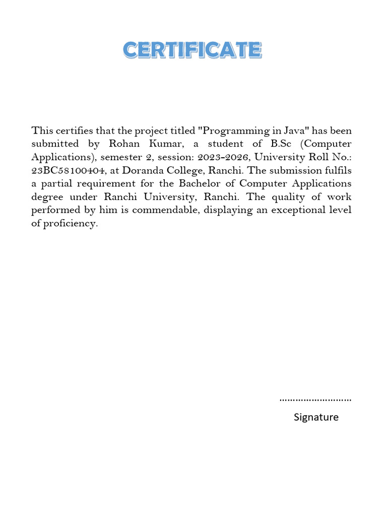 Java Project Submission Certificate | PDF