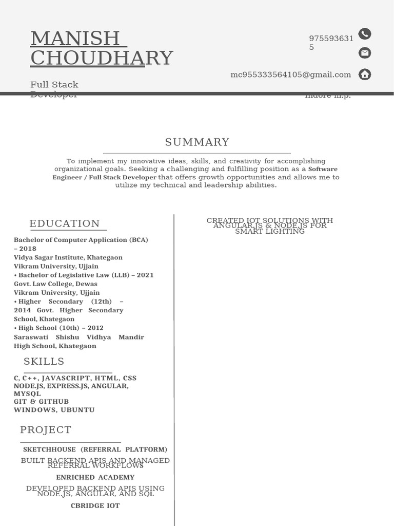 Full Stack Developer Resume - Manish Choudhary | PDF