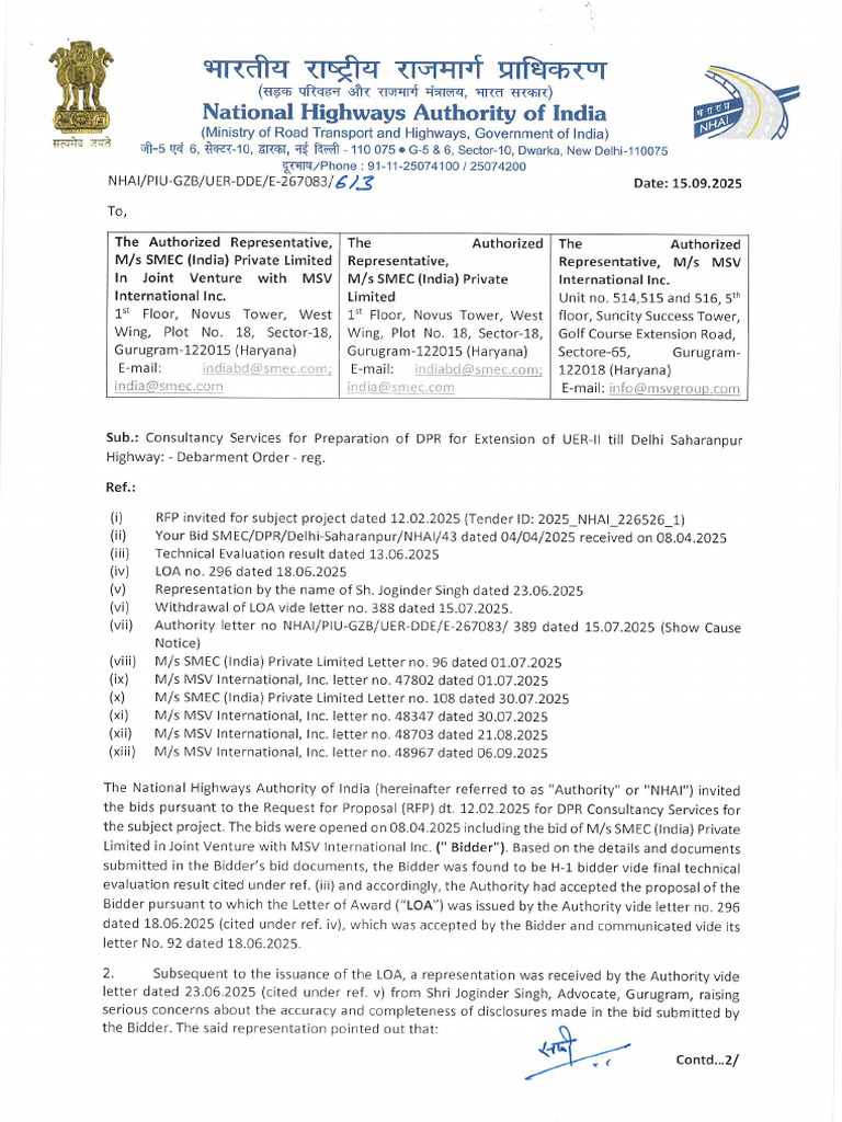 Debarment Letter No. 613 Dated 15.09.2025 MSV SMEC | PDF
