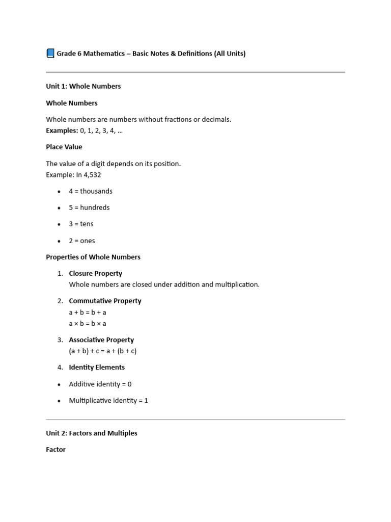 Grade 6 Math Notes: Key Concepts | PDF | Multiplication | Numbers