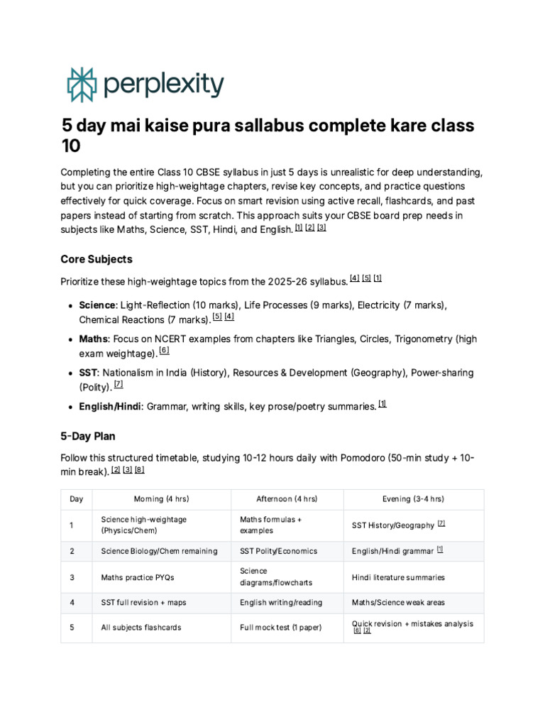 5-Day CBSE Class 10 Revision Guide | PDF