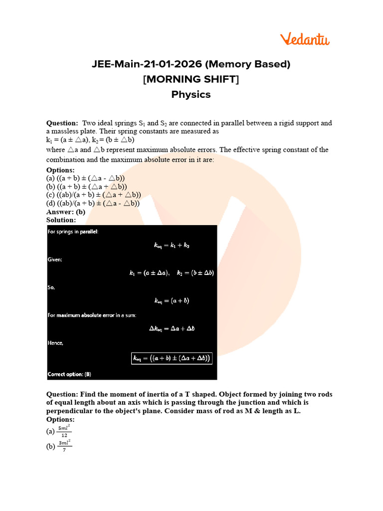 JEE Main 2026 Physics Questions and Solutions | PDF | Waves | Physics