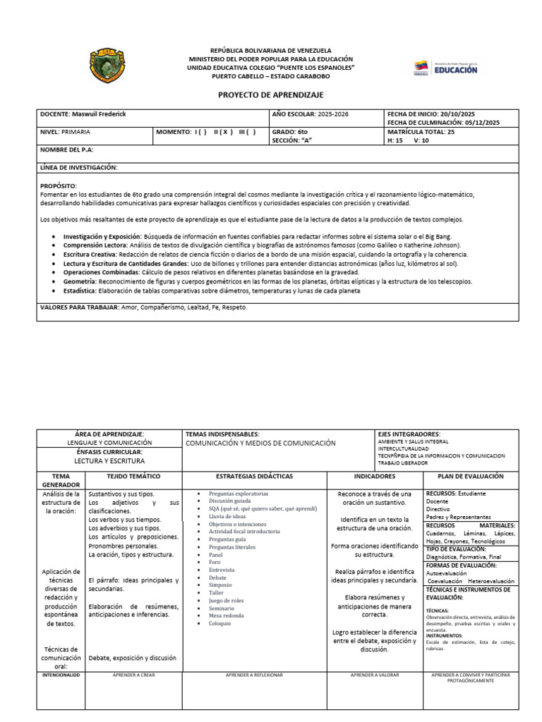 Proyecto de Aprendizaje 6to Grado 2025-2026 | PDF | Evaluación ...