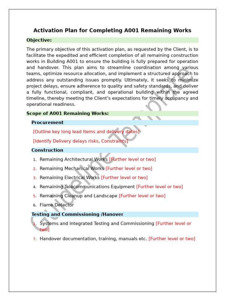 A001 Construction Completion Activation Plan | PDF | Logistics | Business