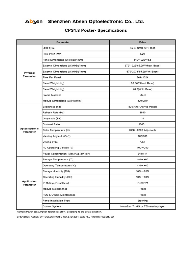 Absen CPS1.8 LED Poster Specifications | PDF | Electronics | Electrical ...