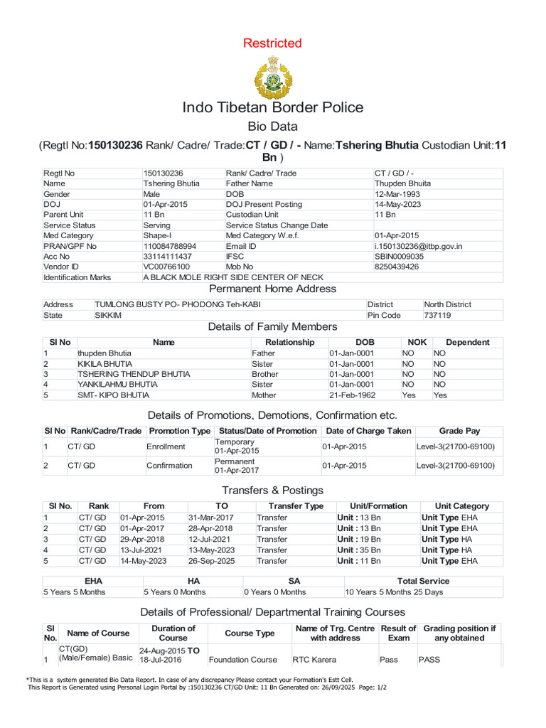 Indo Tibetan Border Police: Bio Data | PDF
