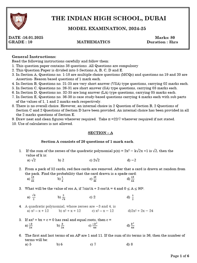 Grade 10 Mathematics Model Exam Paper | PDF | Circle | Area
