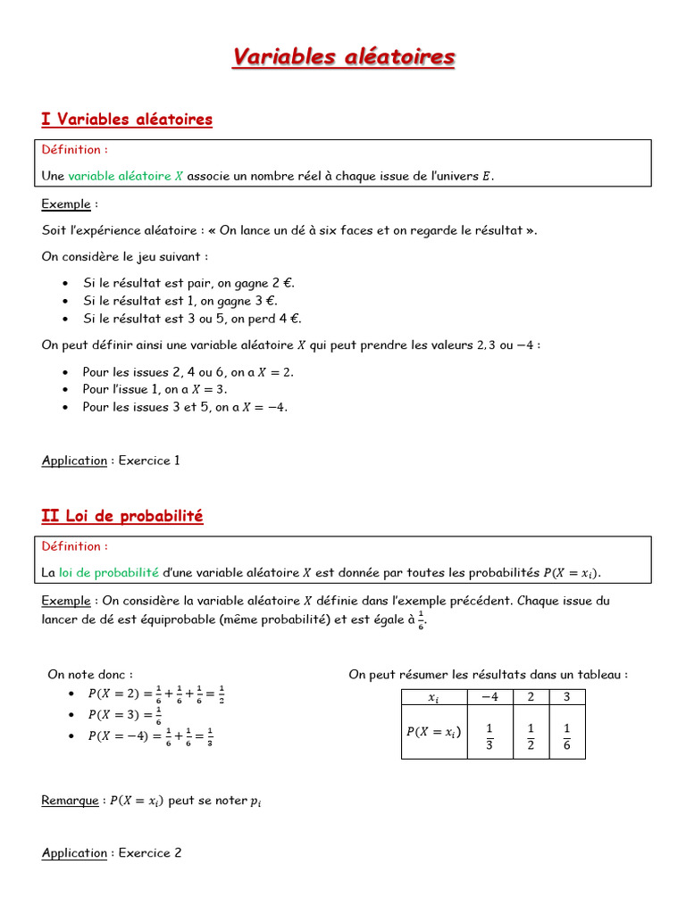 Variables Aléatoires : Définition et Calculs | PDF | Variable aléatoire ...
