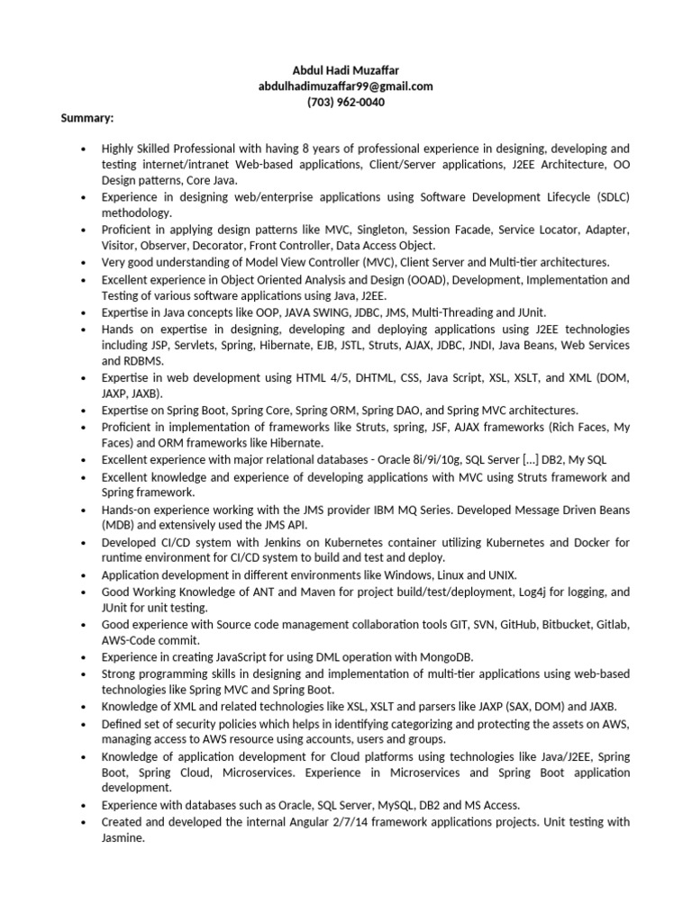 Full Stack Java Developer Resume | PDF | Spring Framework | Databases