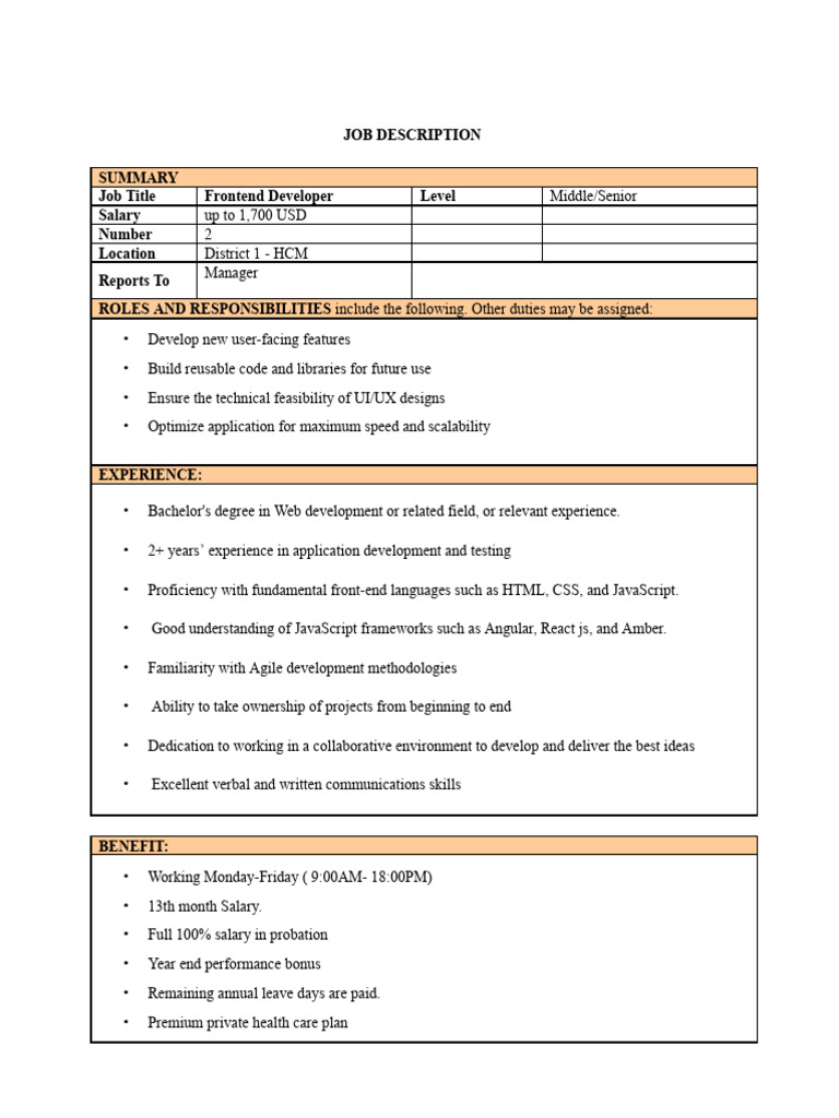 Frontend Developer Job in HCM - $1,700 | PDF