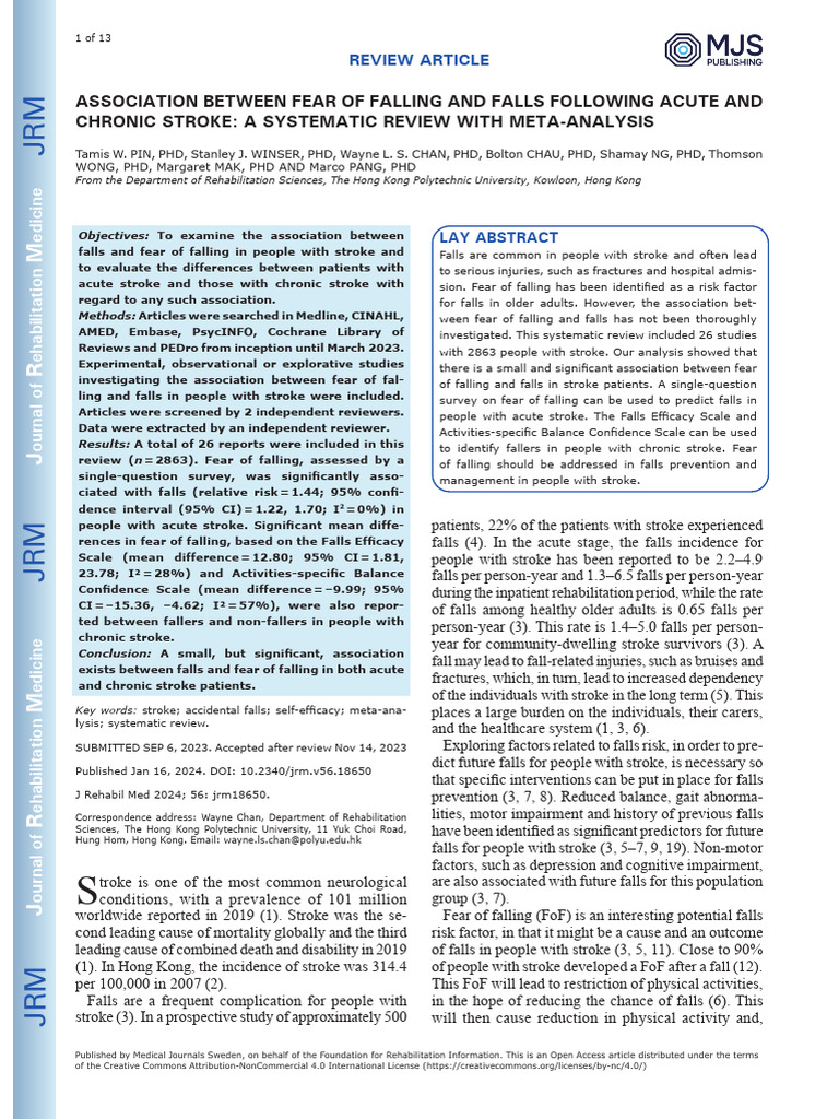 Association Between Fear of Falling and Falls Following Acute and | PDF ...
