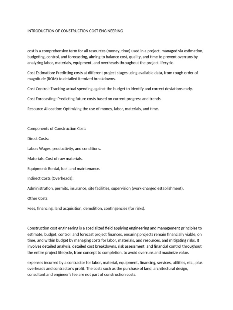 Construction Cost Engineering Overview | PDF | Risk Management | Risk
