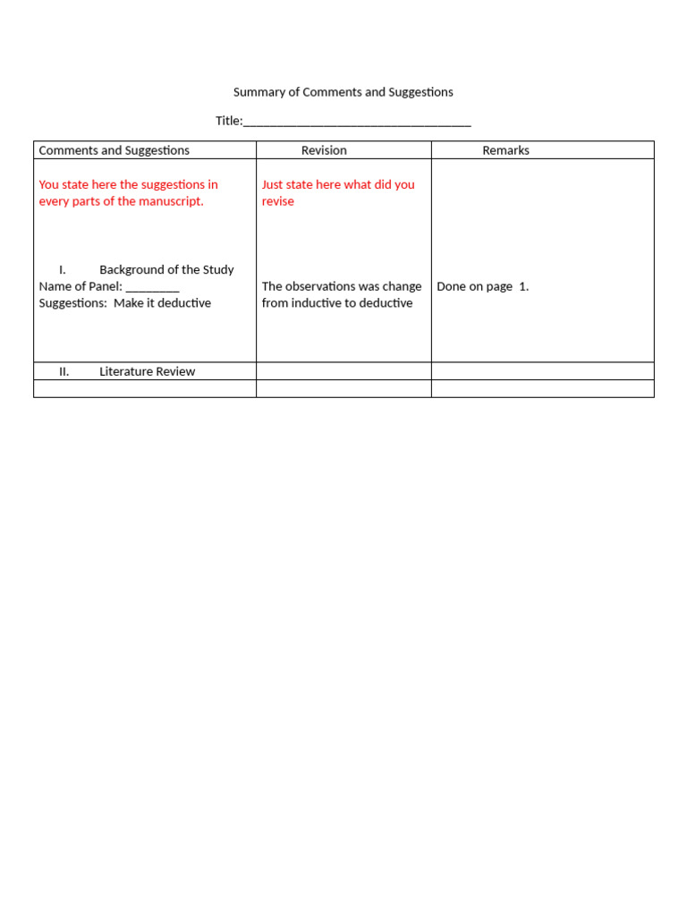 Summary of Comments and Suggestions | PDF