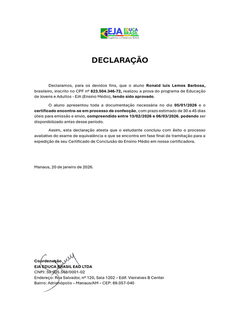 Declaração de Aprovação EJA Ronald Barbosa | PDF