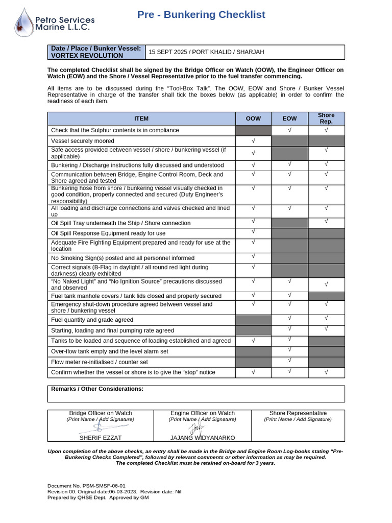 1. PSM SMSF 06 01 Pre Bunkering Checklist | PDF | Shipping
